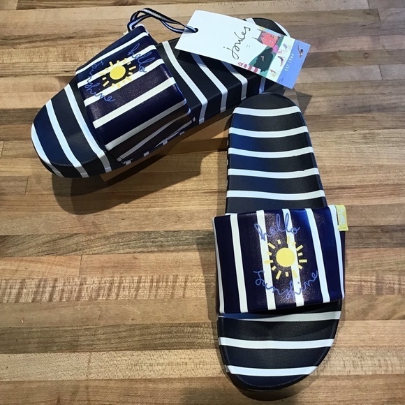 Joules Poolside Hello Sunshine Slide Sandals Navy Stripe NWT - Picture 1 of 6